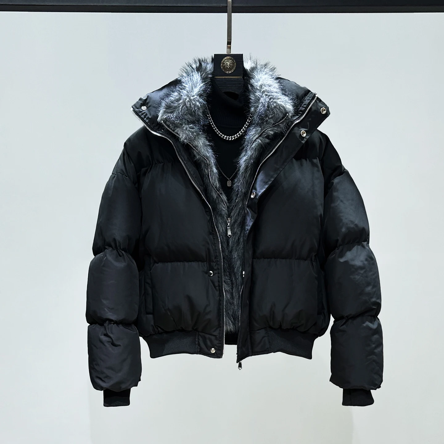 Fashion Men's Black Short Puffer Jacket Plush Patchwork Double Zipper Loose Casual Thickened Warm Winter Mens Jackets Coats