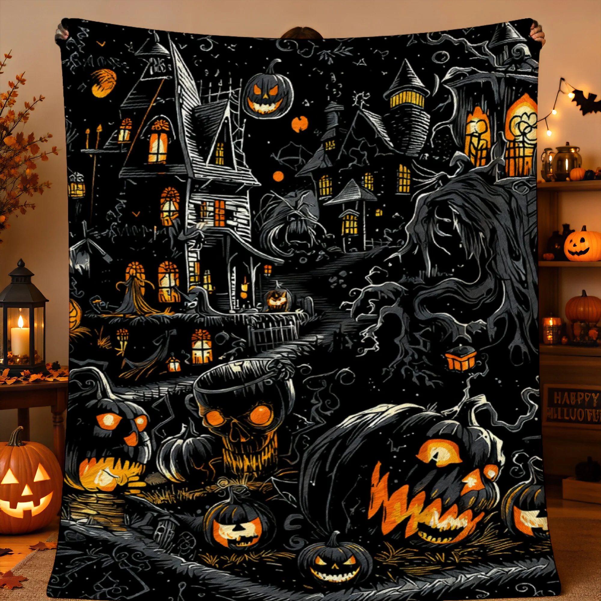 1pc 2D Printed Spooky Halloween Scene with Glowing Pumpkins, Haunted Houses & Ghosts on Black Background, Soft Warm Throw Blanke