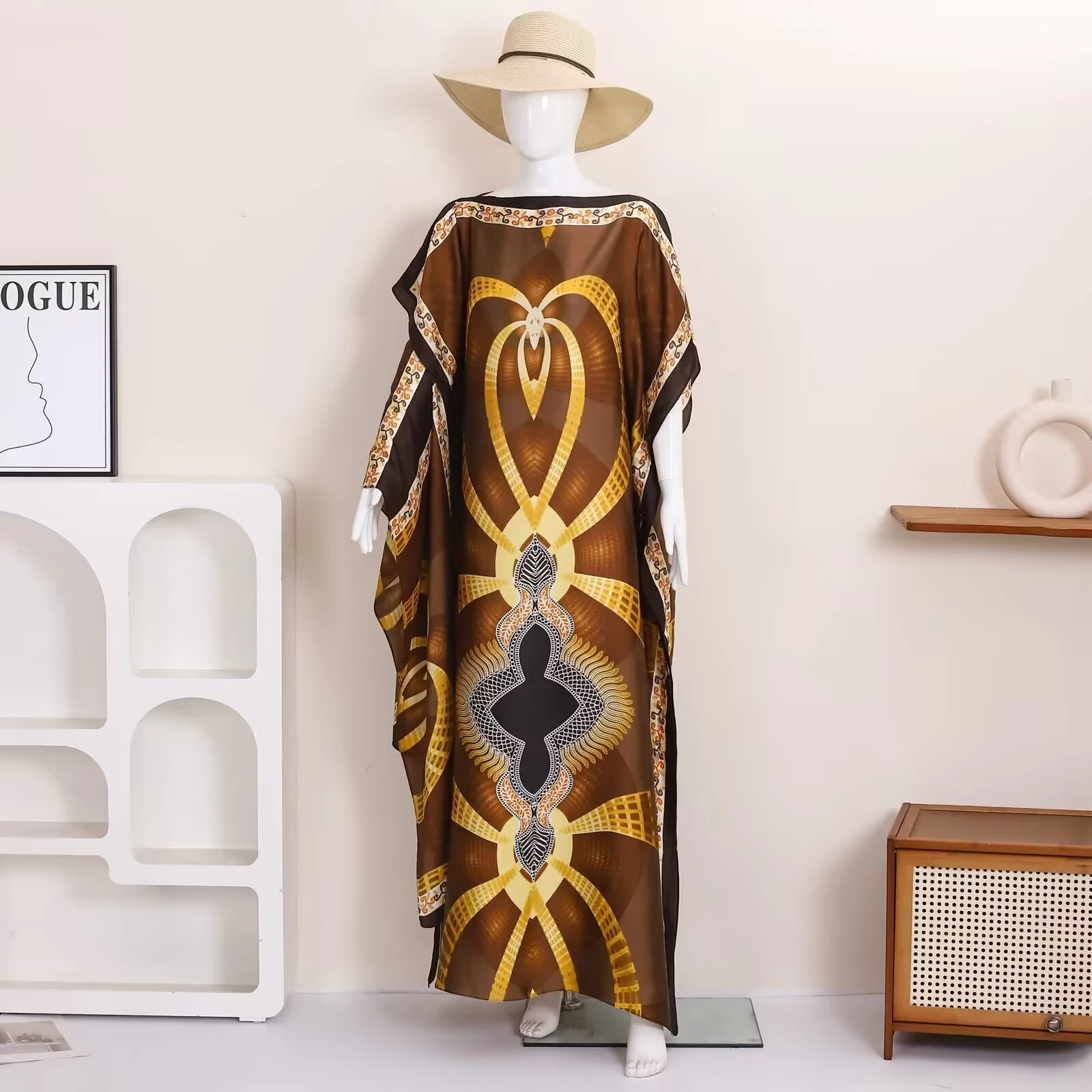 Robe en satin à imprimé géométrique ethnique rétro pour femmes, robe longue décontractée ample, idéale pour les vacances