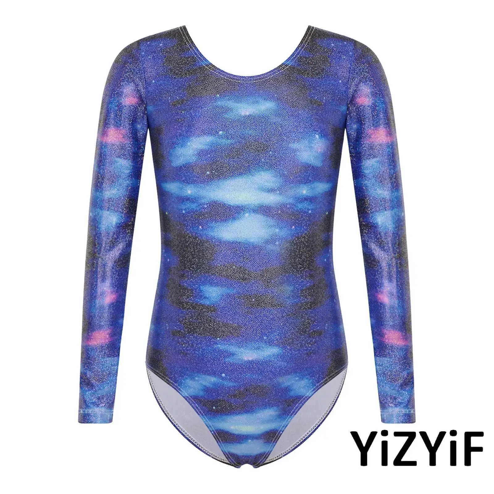 

Kids Girls Ballet Latin Dance Performance Leotard Outfit Long-sleeve Shimmery Printed Bodysuit with Hairband for Dance Class