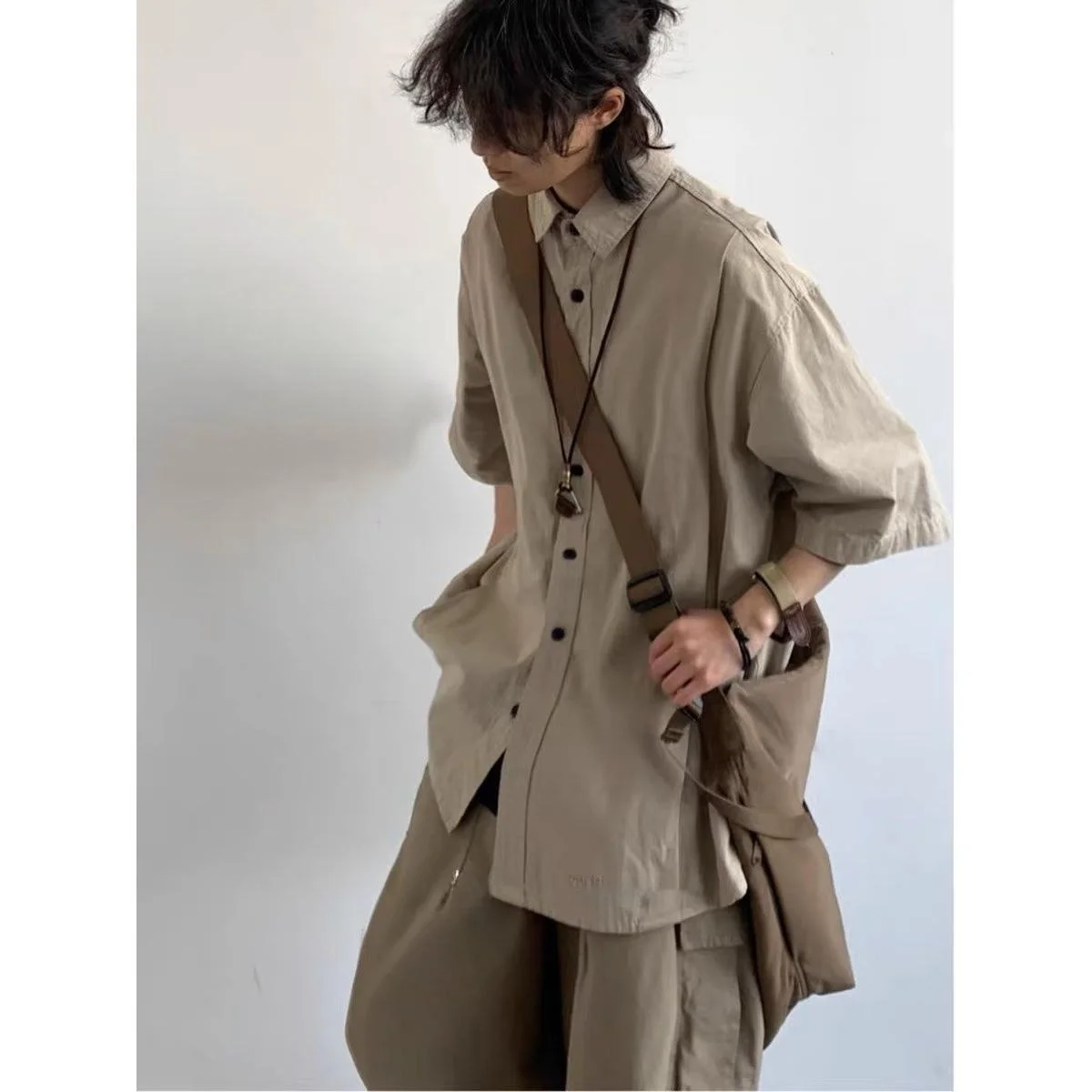 

Retro Japanese Sle Men's ort Sve irt Casual Breathable Student Wear Design Sense Lazy Sle Polyester Fiber irt