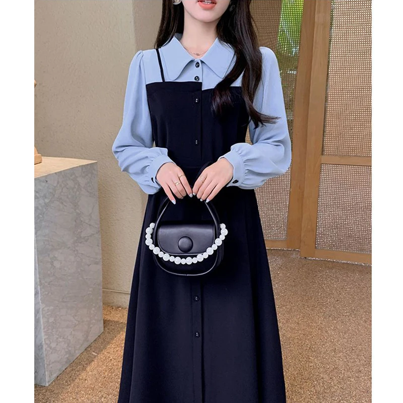 Women Stylish Lace-up Sweet Elegant Patchwork Fake Two Piece Shirt Dresses Korean High Waist Long Sleeve Slim Midi Dress Vestido