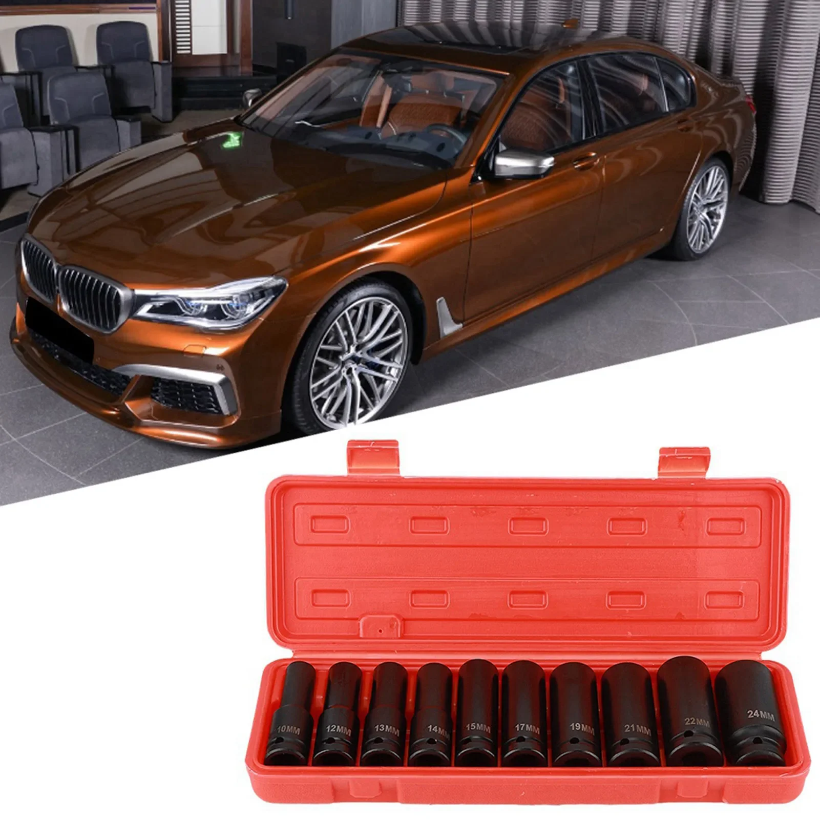 

10pcs 1/2 Inch Deep Impact Socket Tool Set 6 Point Head Adapter Repairing Tool High Hardness