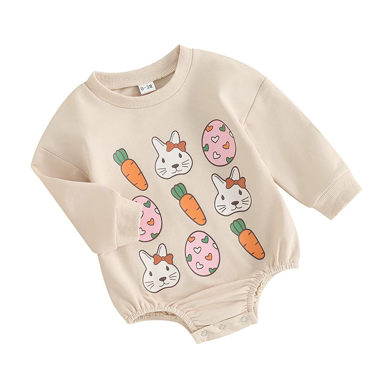 

Infant Baby Boy Girl Easter Outfit Bunny Crewneck Sweatshirt Romper Rabbit Eggs Carrot Print Oversized Bodysuit