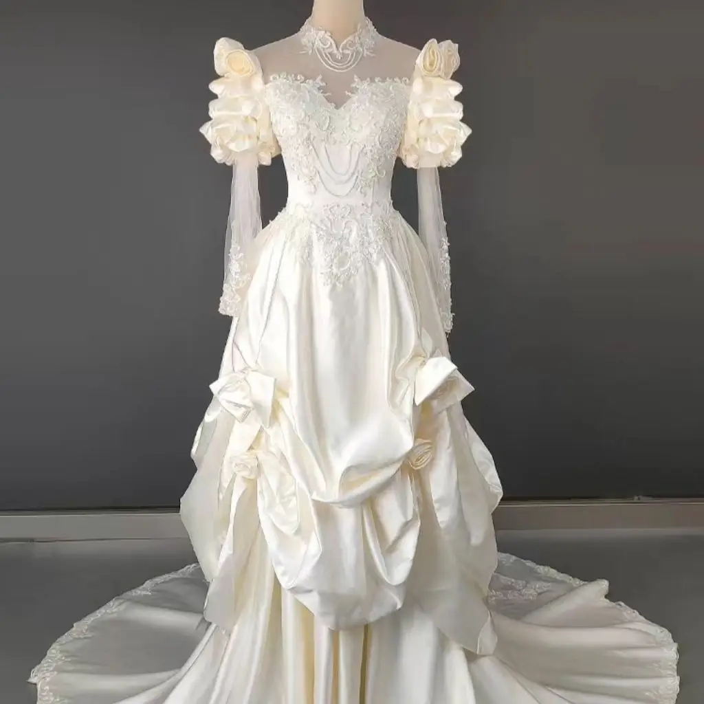 Elegant Vintage Wedding Dresses Generous High Stand Collar Distinctive Puff Sleeves Lace Up Back Vestidos De Noiva SWD969