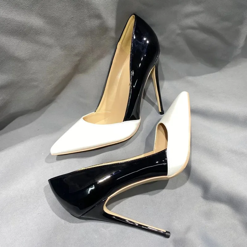 8/10/12cm Woman High Heels Patent Leather Black White Patchwork Pointed Toe Shallow Stilettos Pumps OL Work Ladies Dress Shoes