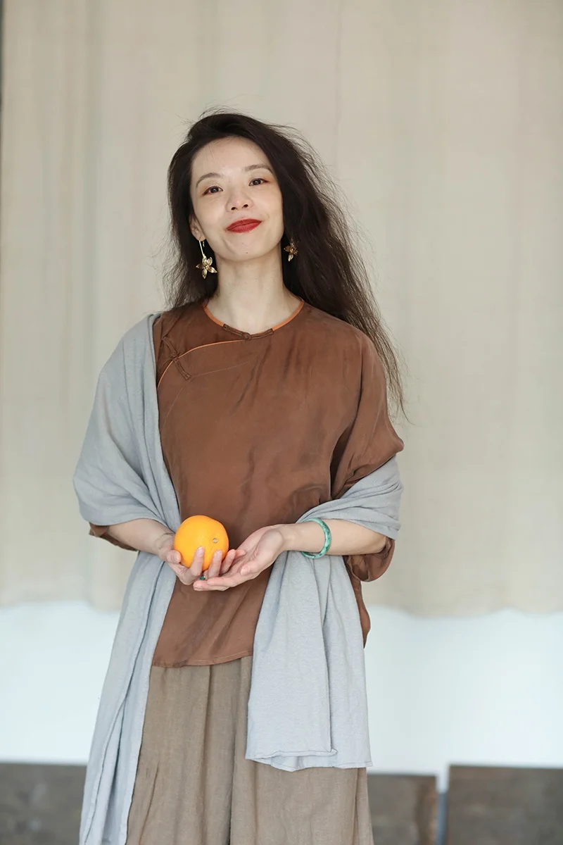 

Loose Fit round Ne Copper Ammonia Silk irt Vintage Artistic Sle Comfortable Feeling Women's Busin Casual irt