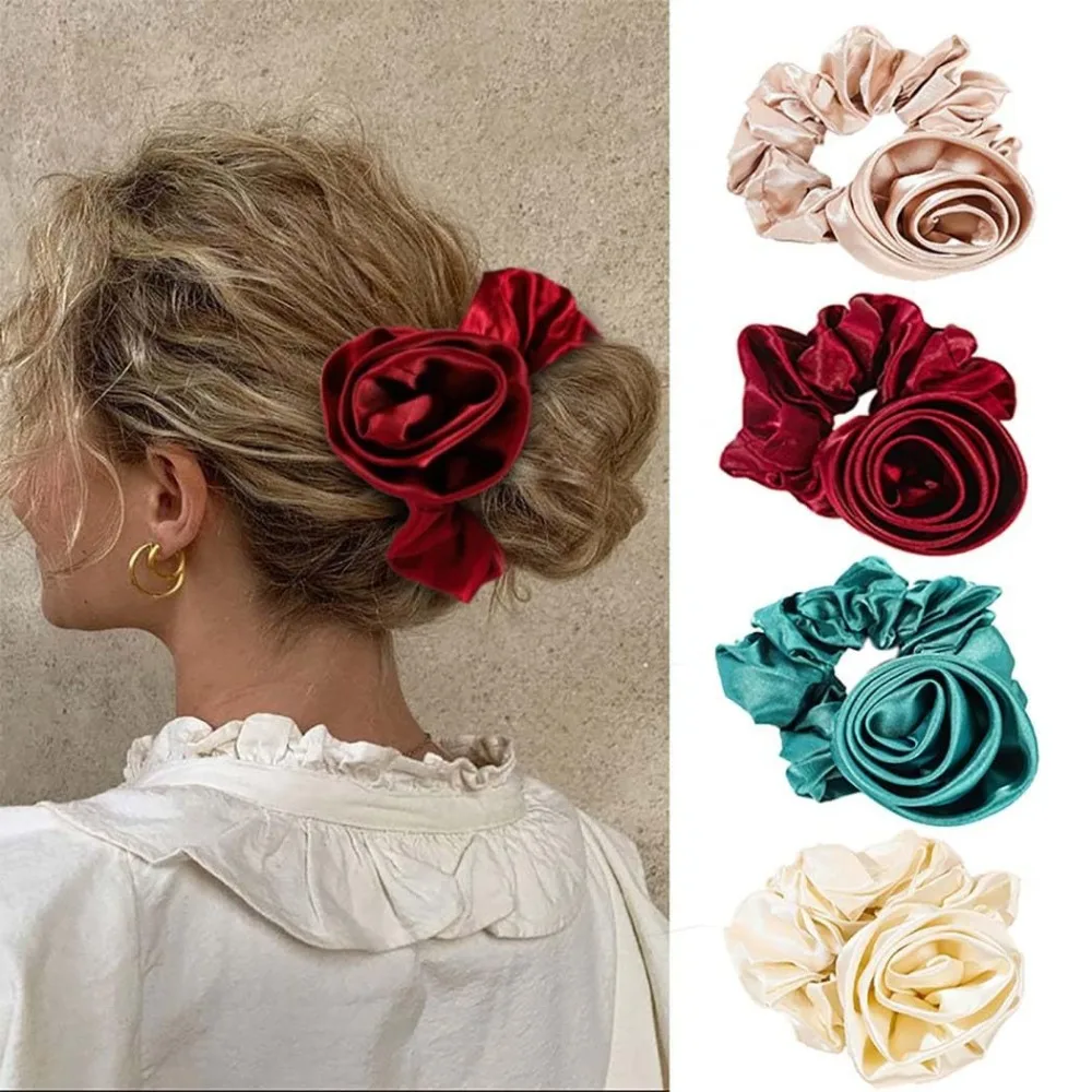

Elastic Korean Hair Bands Satin Material Rubber Band Rose Hair Ties Flower Design Charms Horsetail Hair Accessories Korean Style