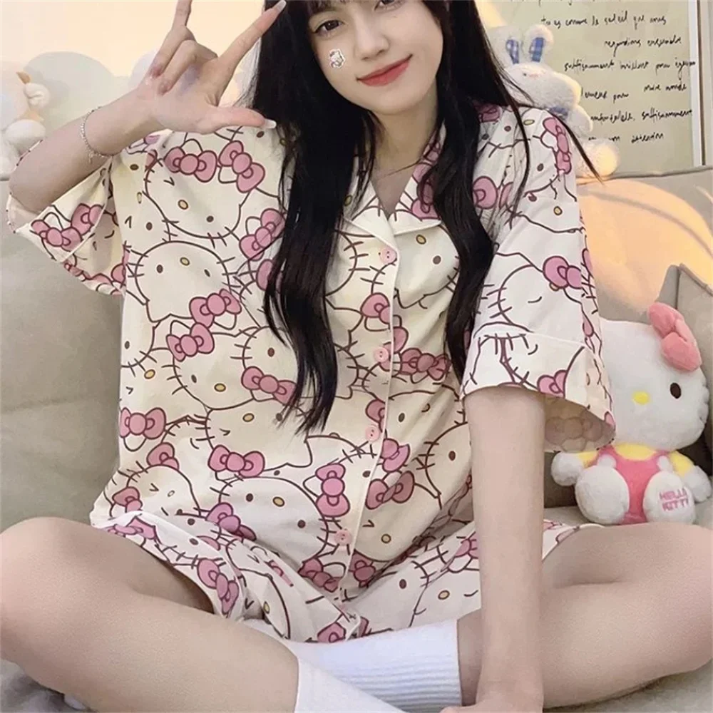 Sanrios Hello Kitty Bölüm Bayan Pijama Takımı Pijama Kadın Yaz sonbahar Kawaii Karikatür Gevşek Pijama Pijama Pantolon Seti