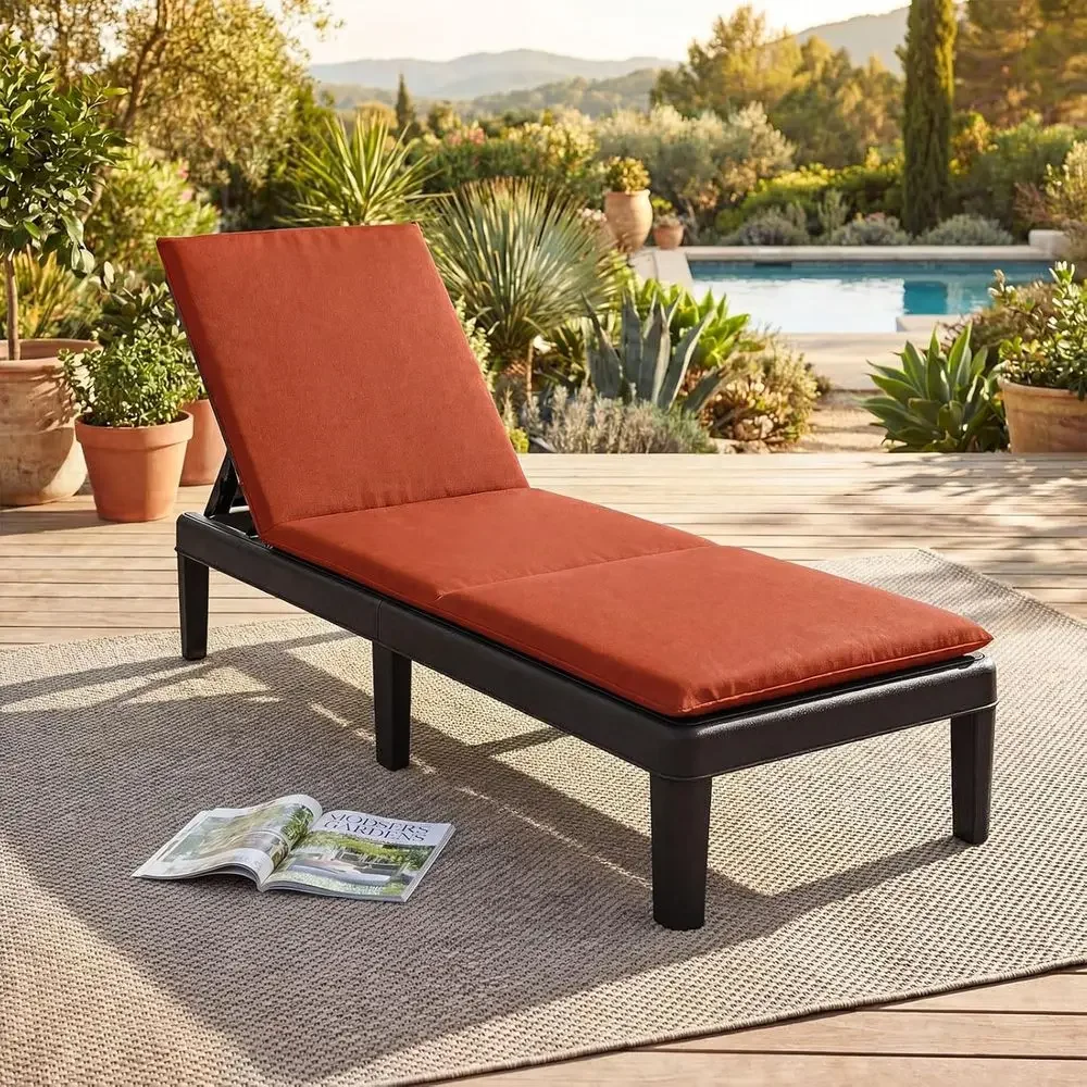 Rattan Recliner Lounge Chair with Removable Cushion & Adjustable Backrest for Patio Tanning (Black & Orange)