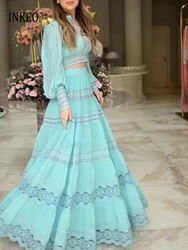 Luxury Women's Lace 2 Piece set Fashion V-neck patchwork crop tops Long sleeve shirt and Elastic waist long skirt INKEO 4D132