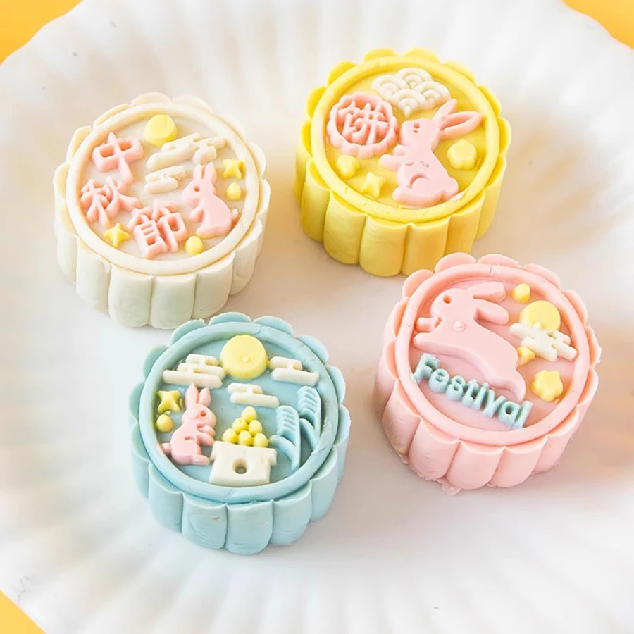 4Pcs/Set 50g 63g 75g Mid-Autumn Festival Mooncake Mold Bunny Reunion Chinese Character Cookie Stamp Mung Bean Cake Decorations