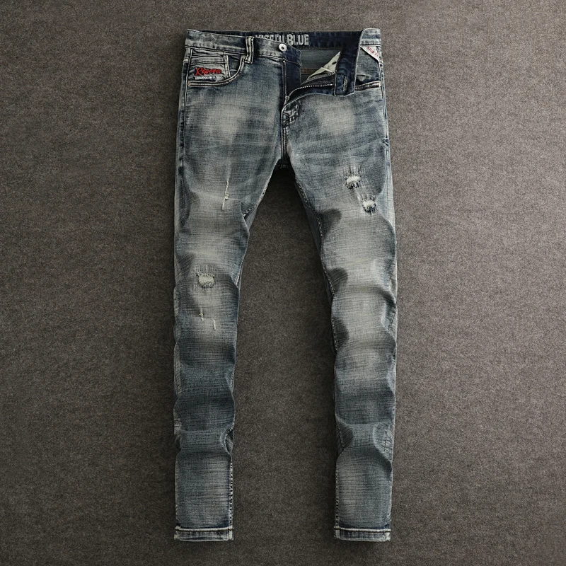 

Fashion Vintage Men Jeans High Quality Retro Washed Blue Stretch Slim Fit Ripped Jeans Men Embroidery Designer Denim Pants Homme