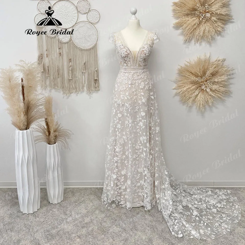 Vinatge Plunging V Neck Full Lace Backless Wedding Dress Cap Sleeve 2025 Bridal Gown Sweep Train vestido de noiva Customized 