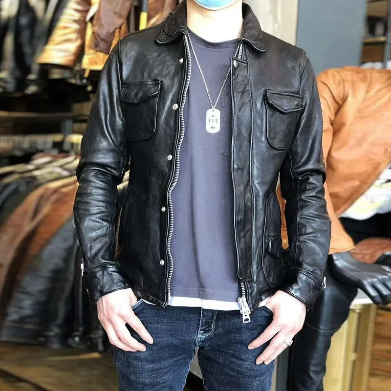 

New spliced vegetable-tanned cotton leather for men and women with lapels pockets casual motorcycle
