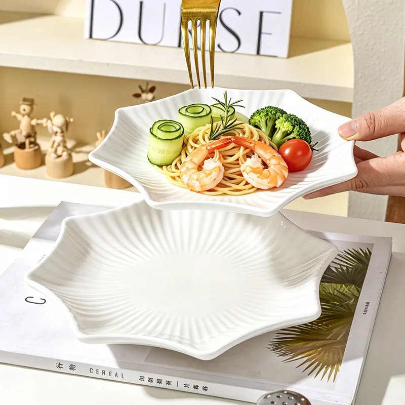 Octagonal Starfish Shaped Ceramic Plate White Underglaze Color Durable Easy Clean Dinner Plate for Home Use
