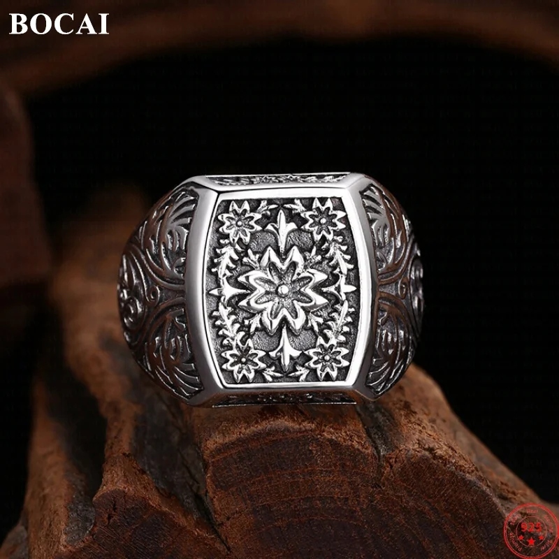 BOCAI S925 Sterling Silver Charms Rings for Men Retro Eternal Rattan Flowers Pattern New Fashion Punk Jewelry ﻿Wholesale