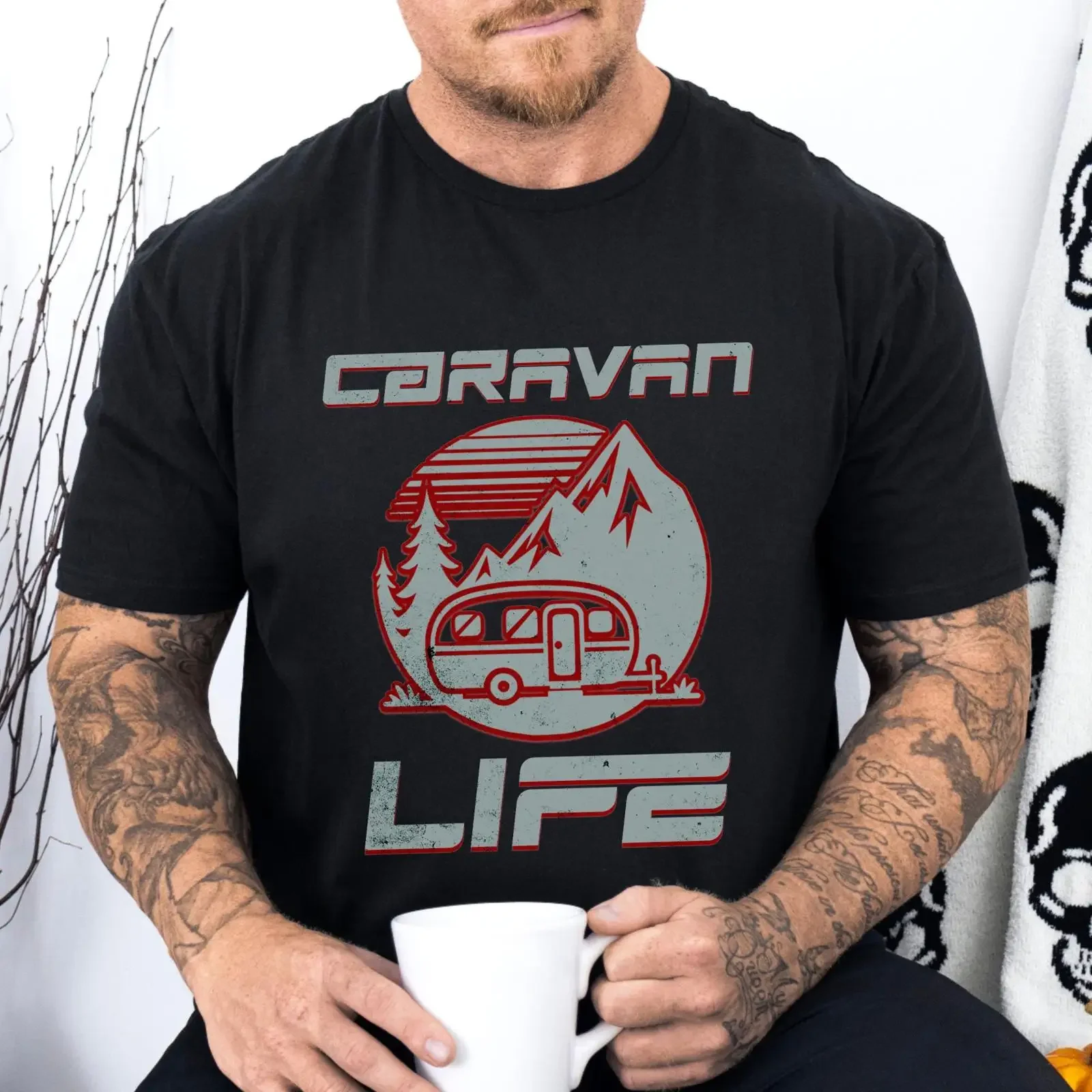 Caravan Life T Shirt Adventure Camping Outdoors Lover  vintage Washed Casual Breathable Top For Everyday Wear Comfortable Soft