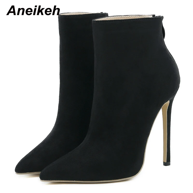 Aneikeh 2024 Winter Women Ankle Boots Sexy Pointed Toe Thin High Heel Concise MATURE Zippers Party Dress Shoes Black Size 35-42