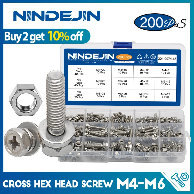 NINDEJIN 200pcs/set Cross Hex Head Screw Kit With Nut And Washer M4 M5 M6 Stainless Steel Three Sems Screw Combination Set