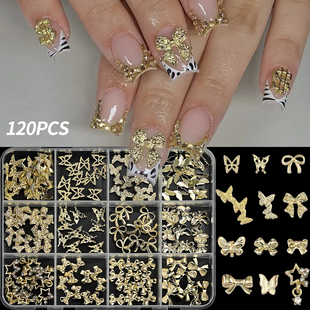 120 Uds. De dijes 3D de aleación dorada mezclada con lazo para decoración de uñas, cinta de Metal de lujo, pajarita, accesorios para uñas, decoraciones para uñas con lazo exquisito
