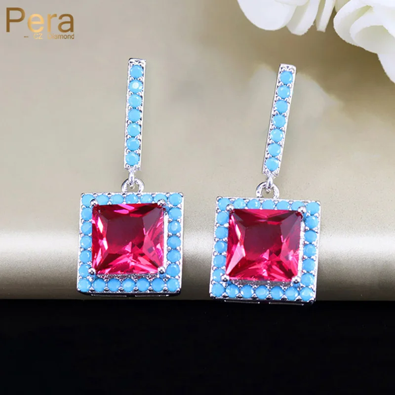 Pera New Arrivals Big Square CZ Jewelry High Quality Light Blue and Red Crystal Stone Dangle Drop Earrings for Women Party E311