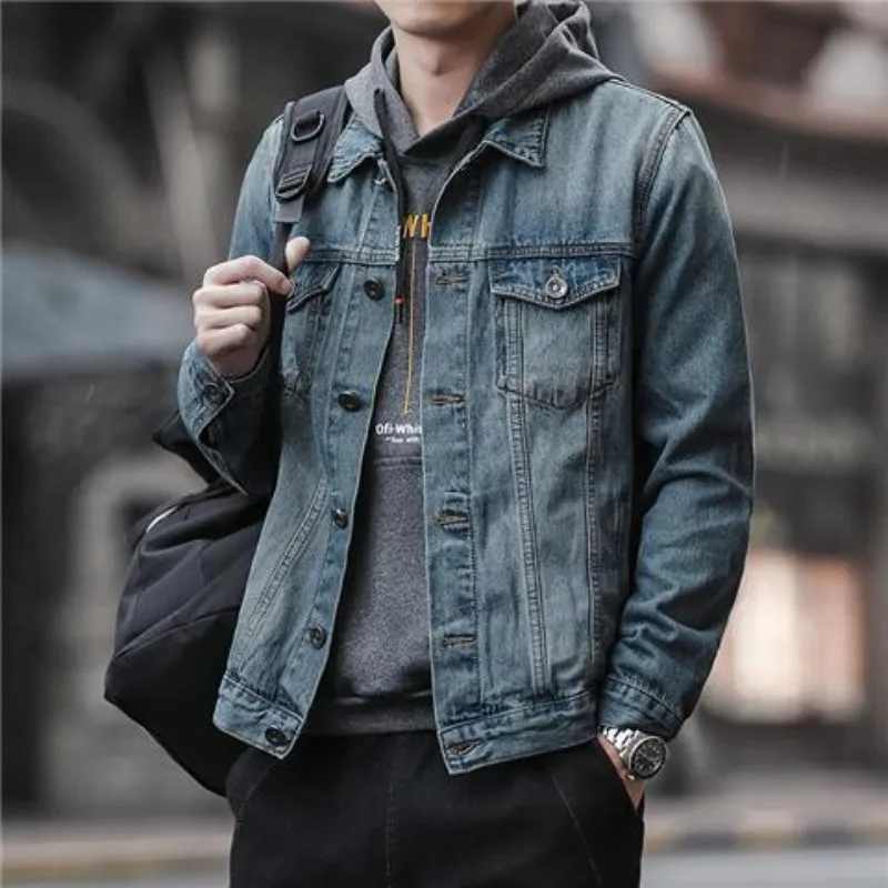 

Retro Lapel Men's Denim Jacket Loose Male Jean Coats Lxury Worn Joker Menswear in Lowest Price Japanese High Quality Outwear