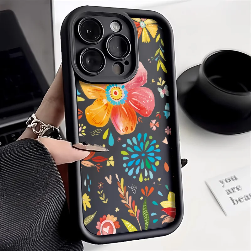 Flower Phone Case for iPhone 13 11 15 Pro Max 14 Plus 12 XR X XS 7 8 SE 13pro 15pro Liquid Silicon Solid Color Funda Cover Coque