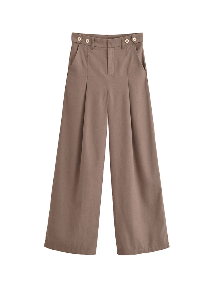 

Womens 2024 Casual Linen Blend Zipper Fly Brown Wide Leg Pants Ladies Fashion Adjustable Waist Buttons Pleated Loose Trousers