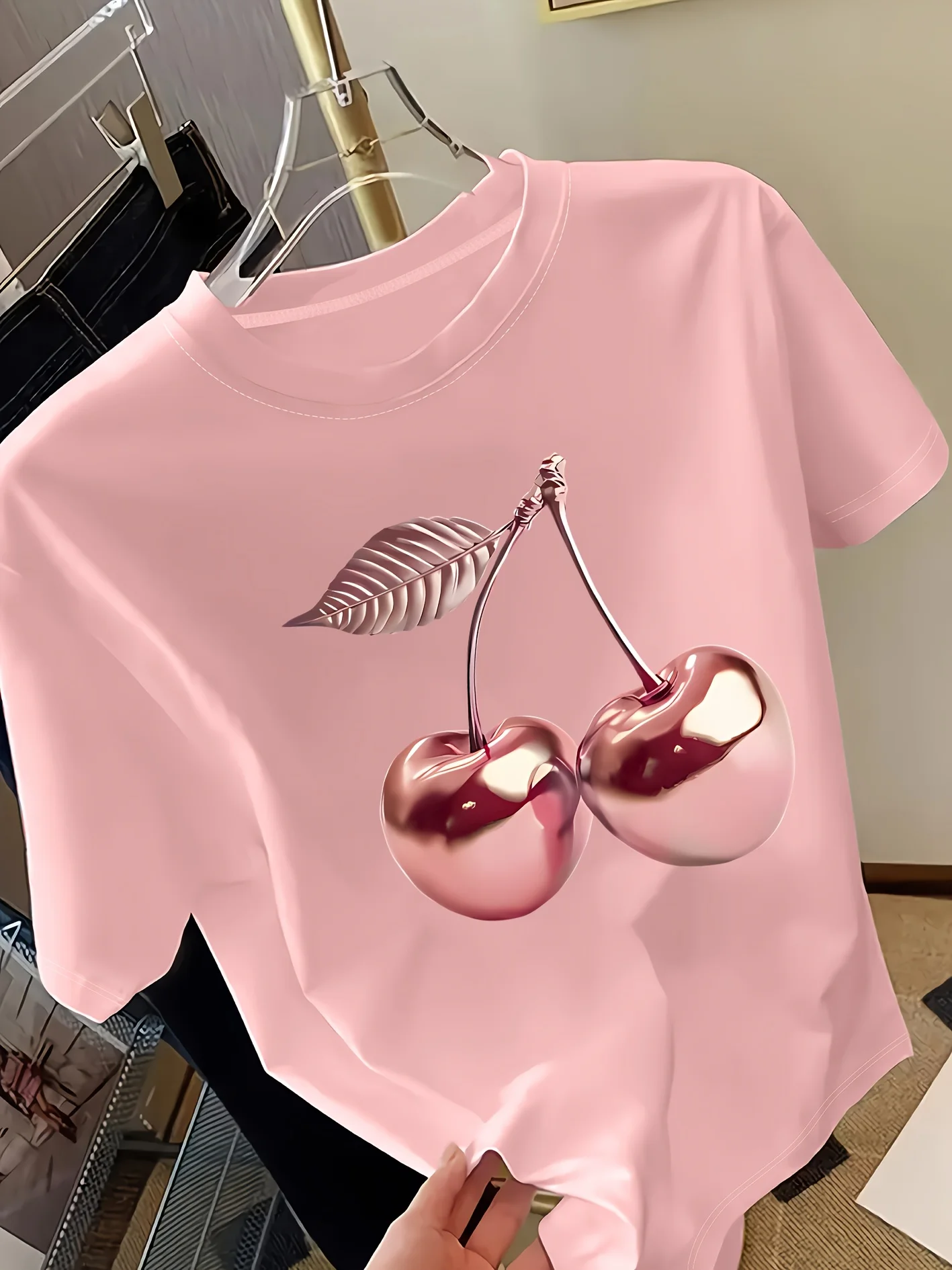 Golden Cherry Print Women's Short Sleeve T-Shirt Fashionable Casual Tops Noble Feel Versatile Daily Wear Fashion T Shirt Clothes