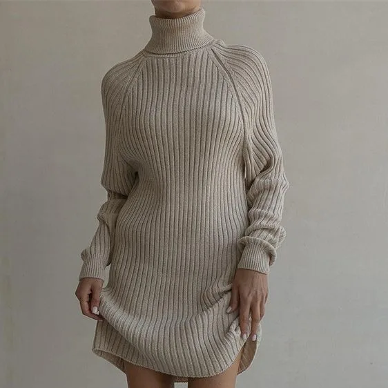 

2023 Women's Long Sleeve Turtleneck Knitted Mini Dress Oversized Sweater Casual Knitwear High Quality Winter Autumn Fashion