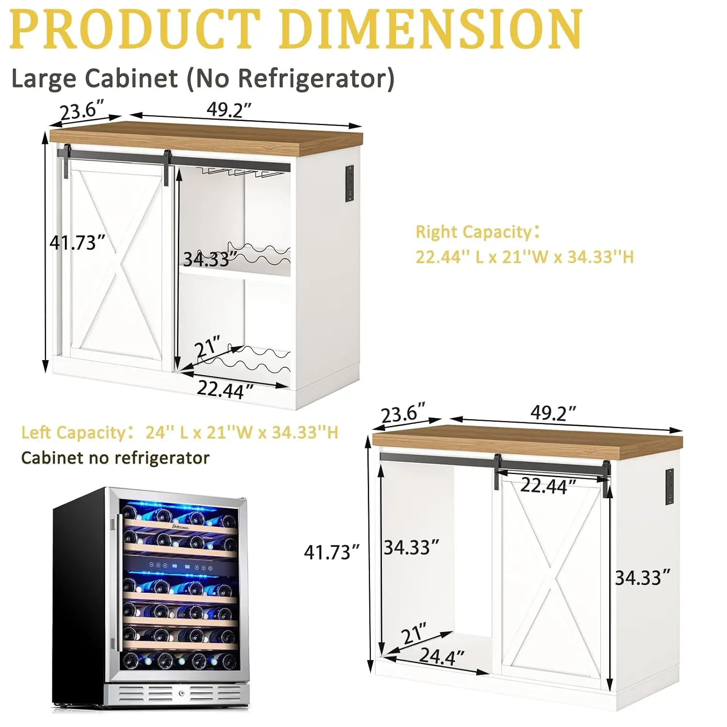 Farmhouse Coffee Bar Cabinet with Mini Fridge Space, Sliding Barn Door, Power Outlet, Wine Rack & Glass Holder for Kitchen, 49.2
