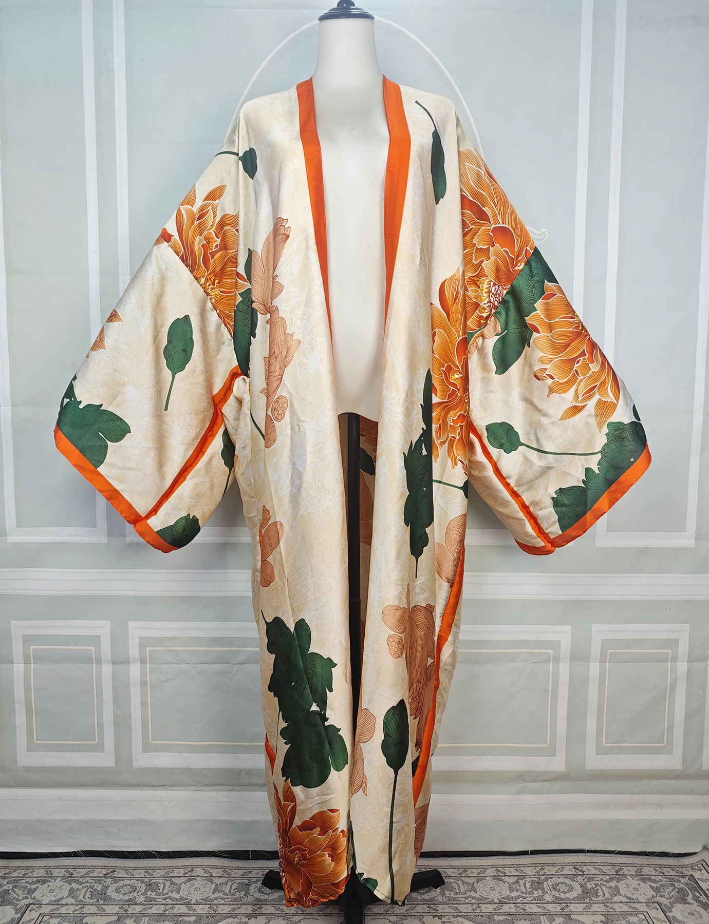 Summer Vacation Women Beach Bikini Cover Up Plus size Crew Neck Open Front Long Sleeve Cardigans Kimonos Muslim Loose  Robe