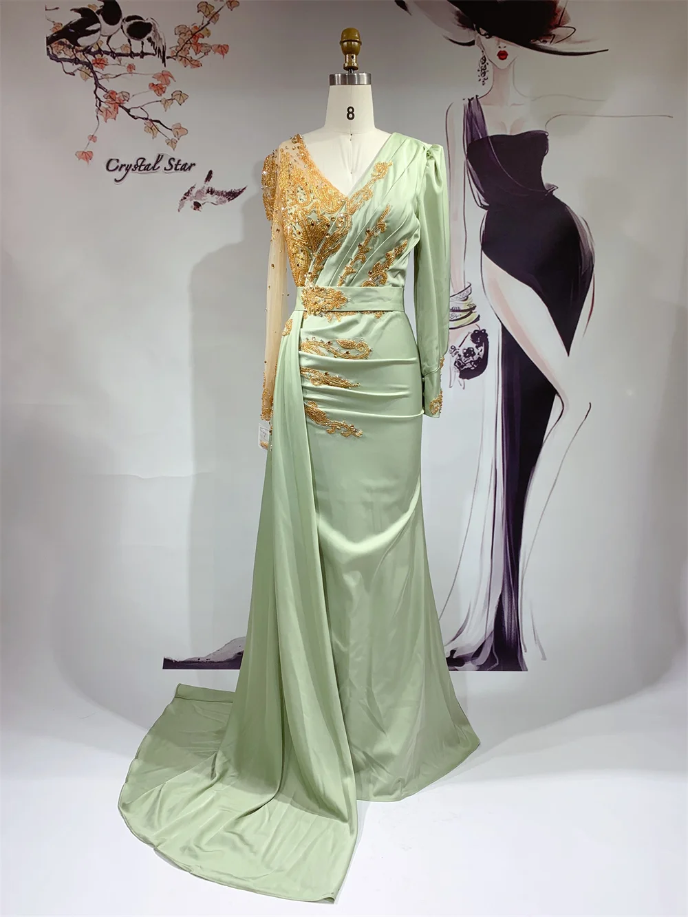 Robe de soirée de forme sirène en Satin pour femmes, élégante tenue de soirée de standing, luxueuse, col en v, avec perles, style dubaï, 2022