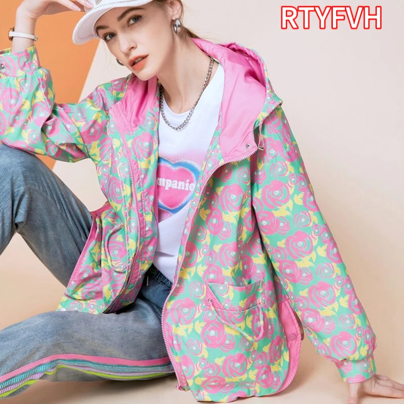 

Printed Thin Coat Women's 2024 Spring Summer Off Shoulder Sleeves Fashion Contrast Color Panel Top Hooded Windbreaker