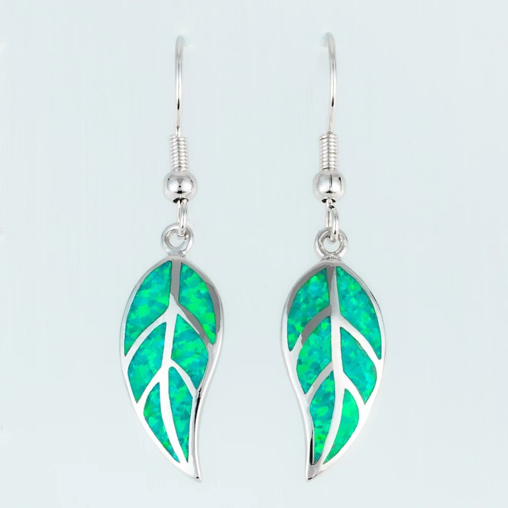 KONGMOON Nature Leaf Shape Kiwi Green Fire Opal Jewelry for Women Dangle Drop Earrings