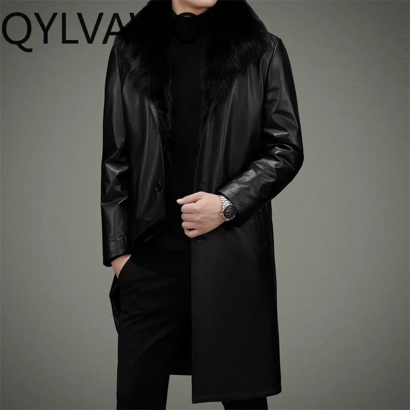 QYLVAWOY Top Layer Cowhide 100% Genuine Leather Jacket Men Long Real Fur Coat Man Winter Mink Fur Liner Luxury Fox Fur Collar