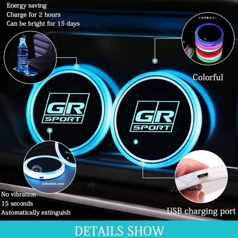 Luminous Car Water Cup Coaster Holder 7 Colorful USB Charging For Toyota GR Sport GR Gazoo Racing Rav4 C-HR Auris IZOA Corolla