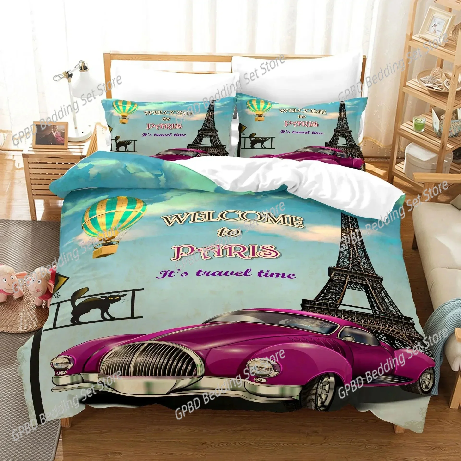 Cars Duvet Cover Traditional Old Car Race Nostalgic American Car Bedding Set Classic Cars Polyester Quilt Cover for Boys Teens