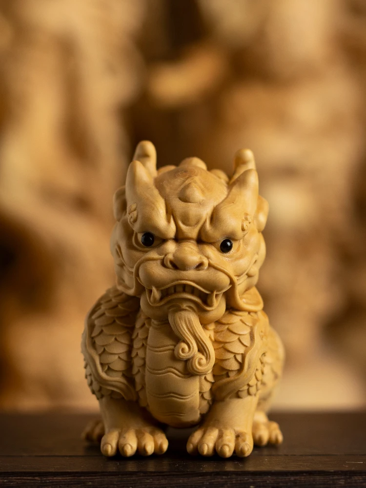 

Matural Mini Huangyang Wood Carving Auspicious Beast Qilin Handicraft Home Table Decoration Chinese Style Miniature Items