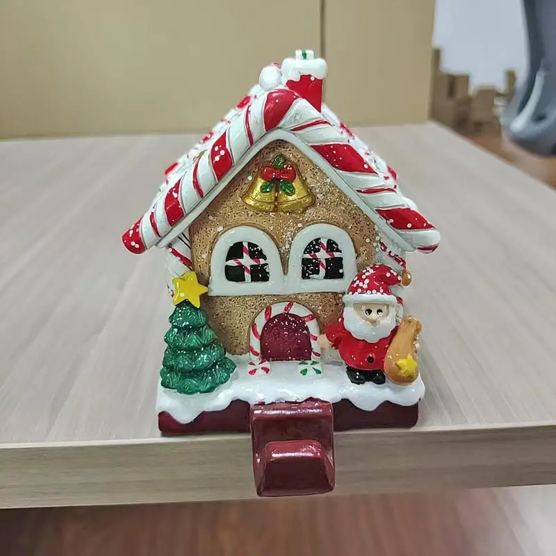 Gingerbread House Stocking Holder Cartoon Resin Xmas Stocking Hangers Party Decoration for House Mantel Home Decor