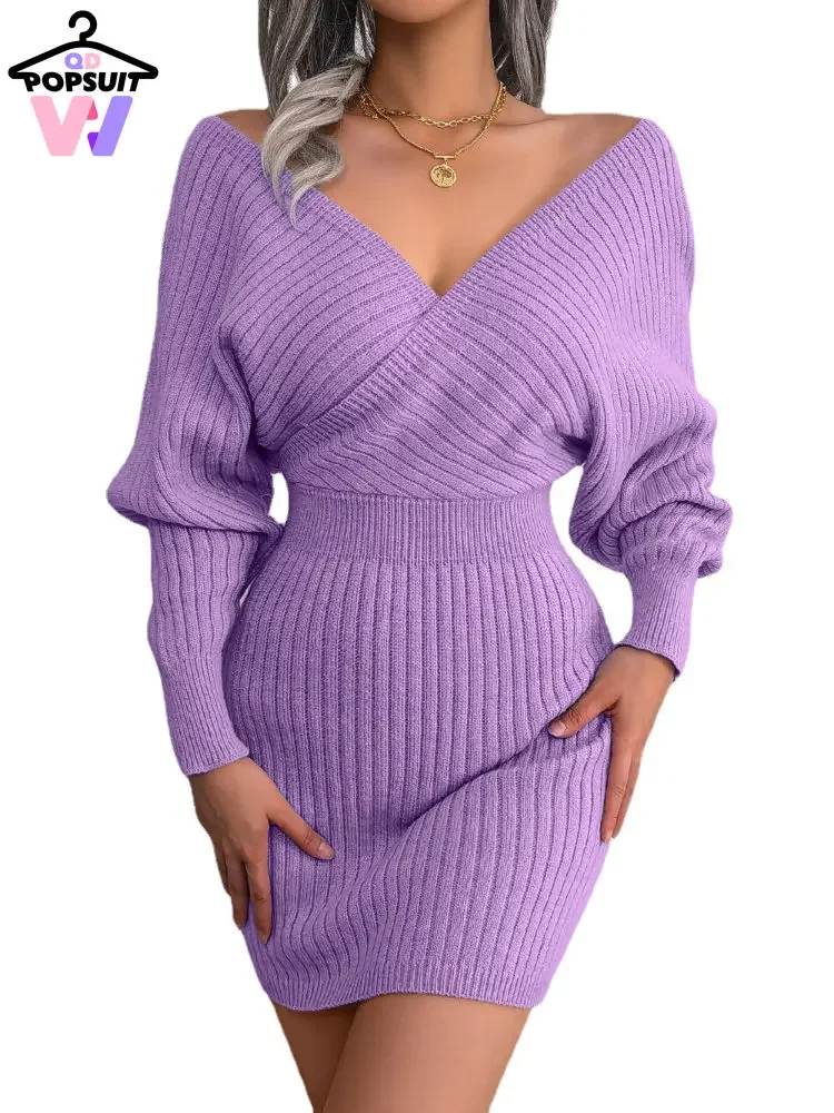 New In Autumn Winter Sweater Dress Fashion Sexy V-neck Batwing Sleeve High Waist Knitted Pack Hip Streetwear Party Warm Dresses