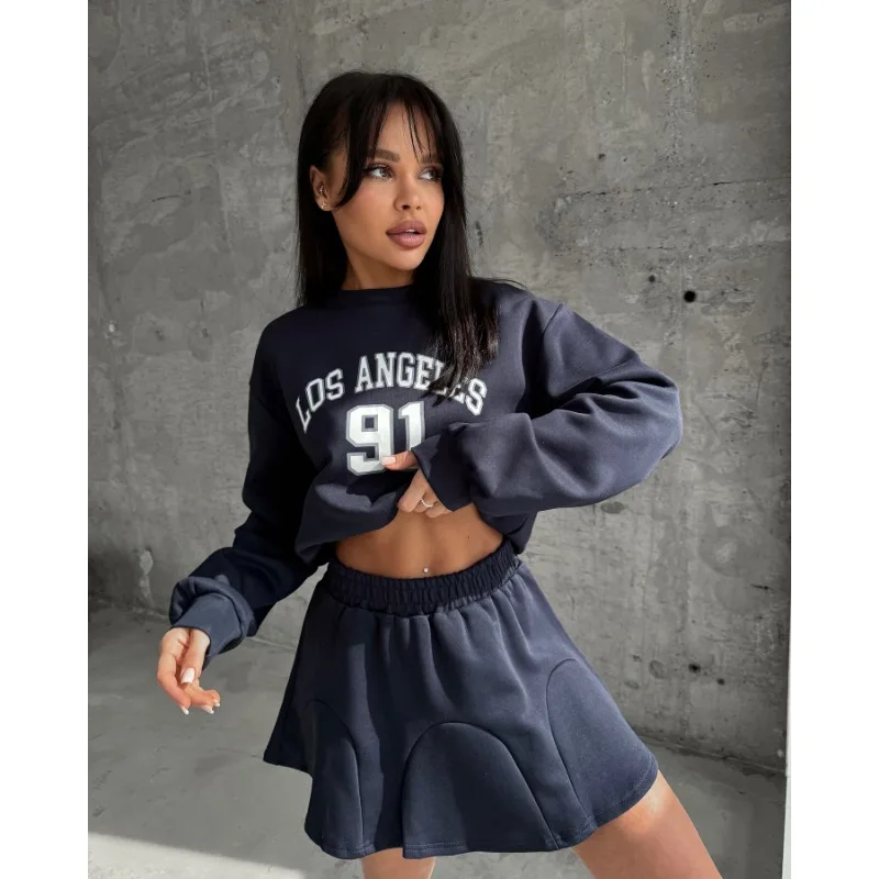 

Long-sleeved Autumn Winter New Collection Pullovers Printed Round-neck Sweatshirts Skirts Casual Suit European American Women
