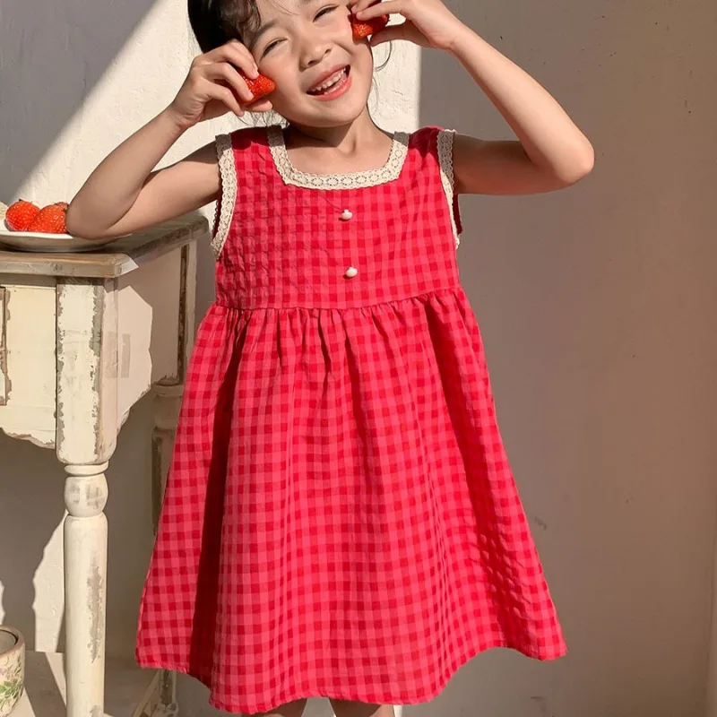 

Korean Version Checkered Sleeveless Vest Dress for Girls and Babies 2025 Summer New Wide Truffle Back Children Princess