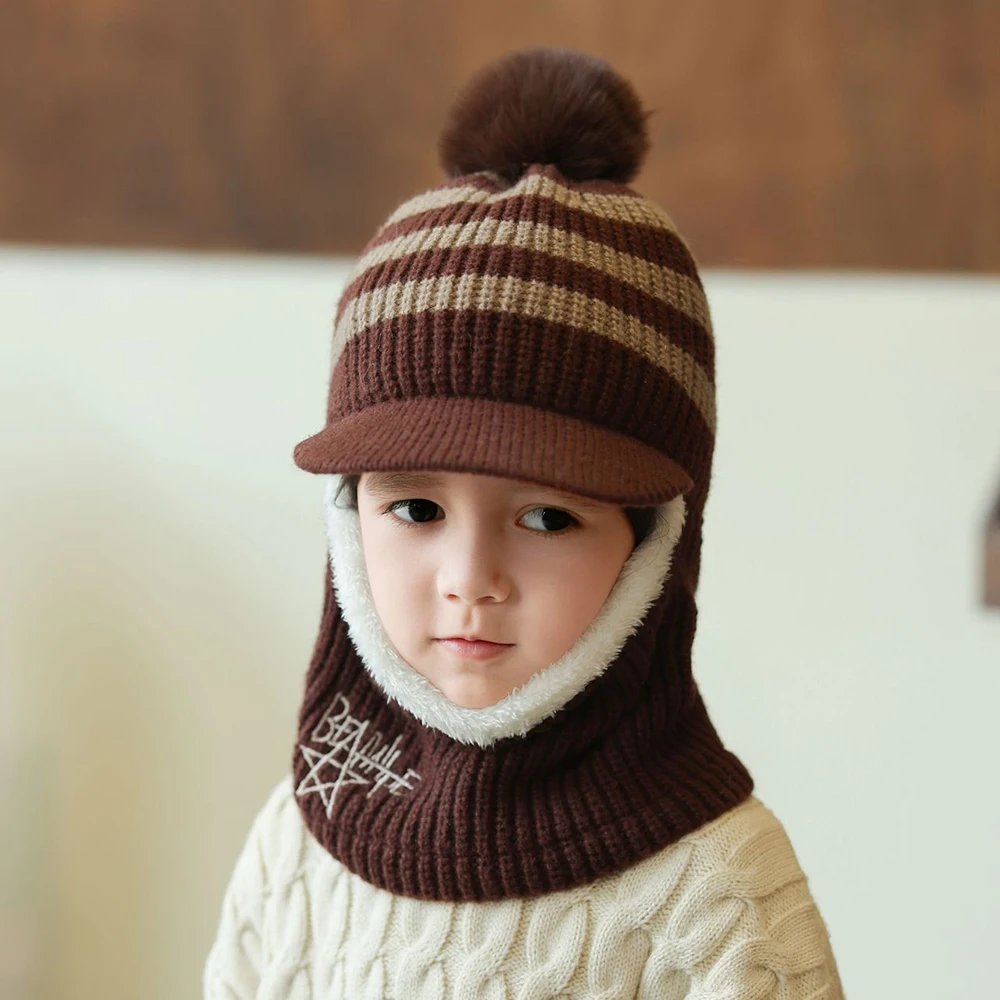 Winter Baby Knitted Hat Scarf Kids Boys Girls Hood Hats Toddler Earflap 𝐁eanie With Neck Warmer Pompom Outdoor Snowball Hat