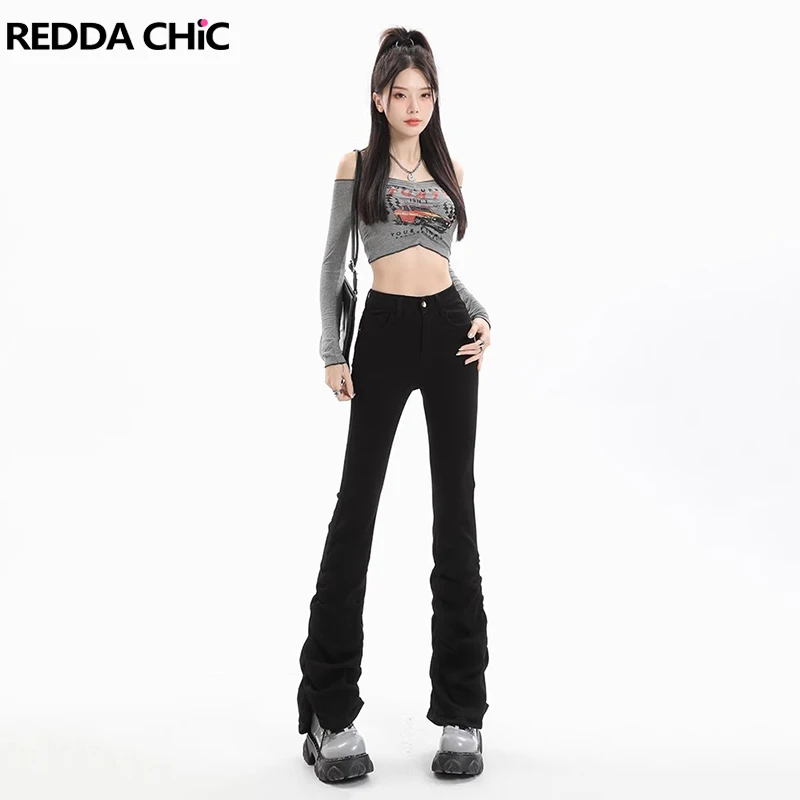 

ReddaChic Women Retro Black Stacked Flare Jeans Skinny High Waist Shirring Denim Stretch Ruched Bootcut Pants Y2k Grunge Clothes