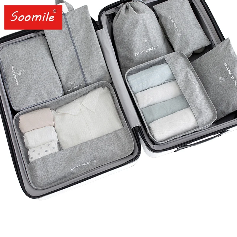 Packing Cube 7Pcs Set Gray Travel Suitcase Storage Bag For Women Clothes Tidy Organizer Pouch Unisex Multifunction Travel Kit