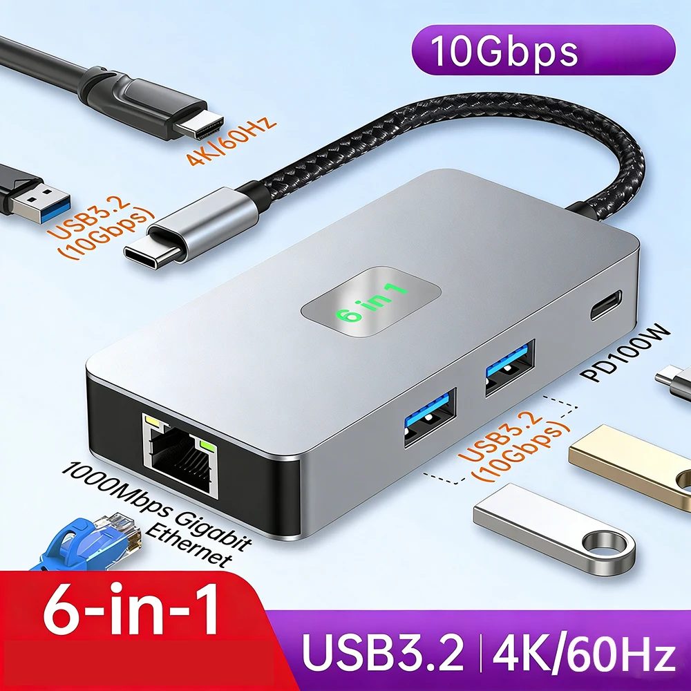 

Многофункциональная док-станция USB-C 6-в-1: 100 Вт PD, 3x10 Гбит/с USB 3.2, Gigabit Ethernet RJ45, 4K HDMI-совместимость для ноутбуков MacBook Pro Type-C