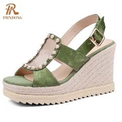 PRXDONG 2024 New Fashion Summer Women Sandals Wedges High Heels Thick Platform Apricot Green Dress Party Female Shoes Pumps 39