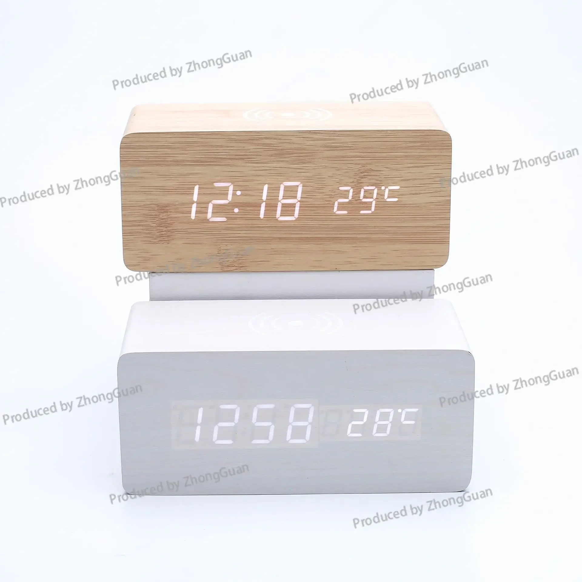 Smart LED Wooden Clock Digital Electronic Alarm Clock, Charging Clock Bedside Wireless Charging Digital Wooden Clock